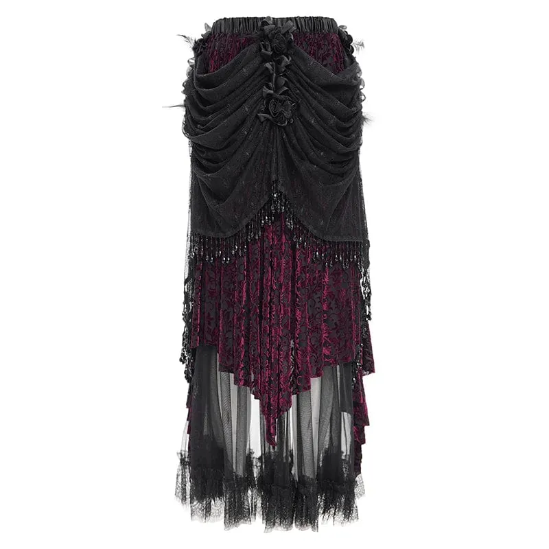 Damen Gothic Quasten Mesh Langer Rock Schwarz Lila