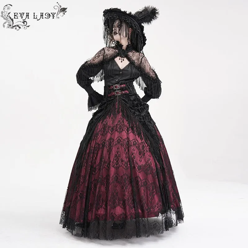 Damen Gothic Quasten Schnallen Langer Rock Schwarz Rot