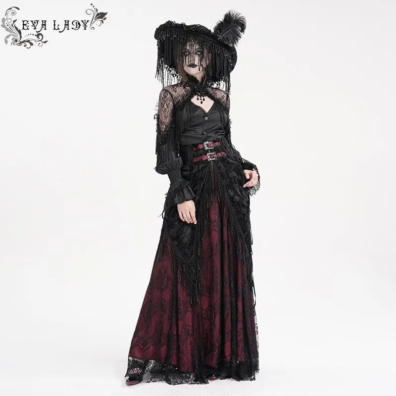 Damen Gothic Quasten Schnallen Langer Rock Schwarz Rot