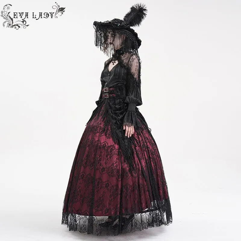 Damen Gothic Quasten Schnallen Langer Rock Schwarz Rot