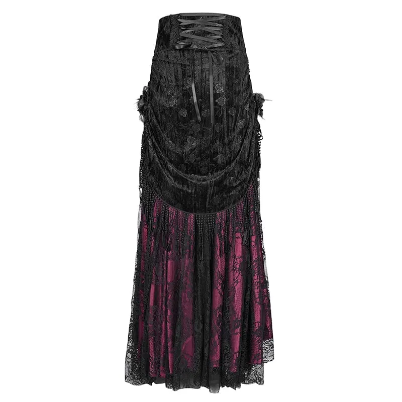 Damen Gothic Quasten Schnallen Langer Rock Schwarz Rot