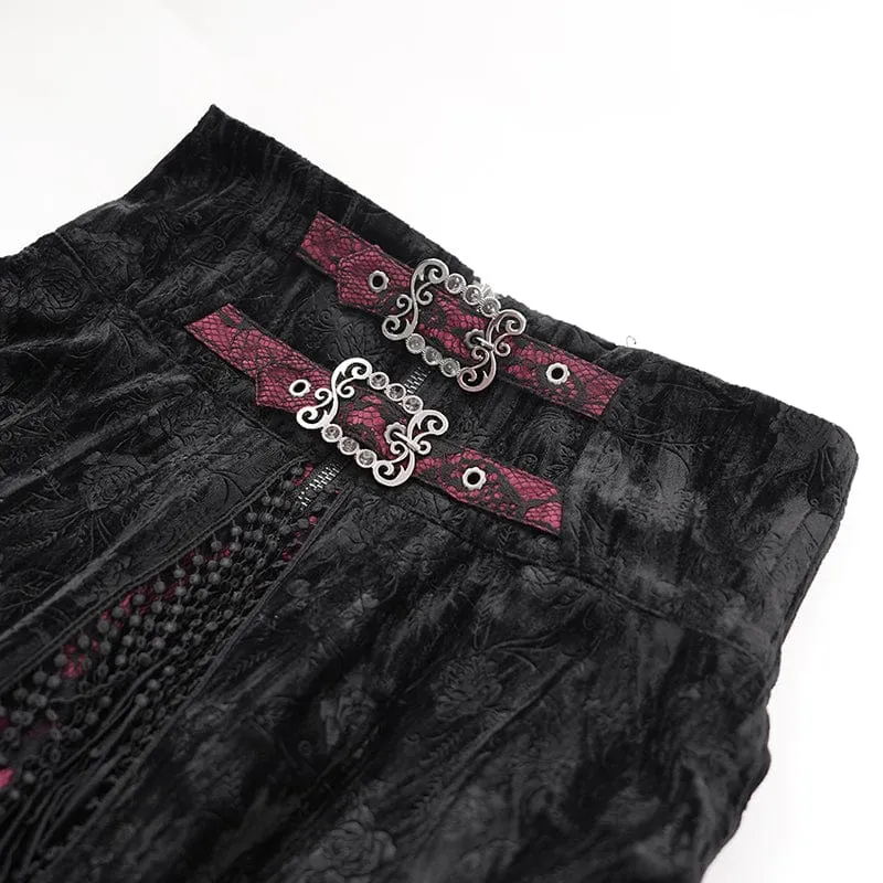 Damen Gothic Quasten Schnallen Langer Rock Schwarz Rot