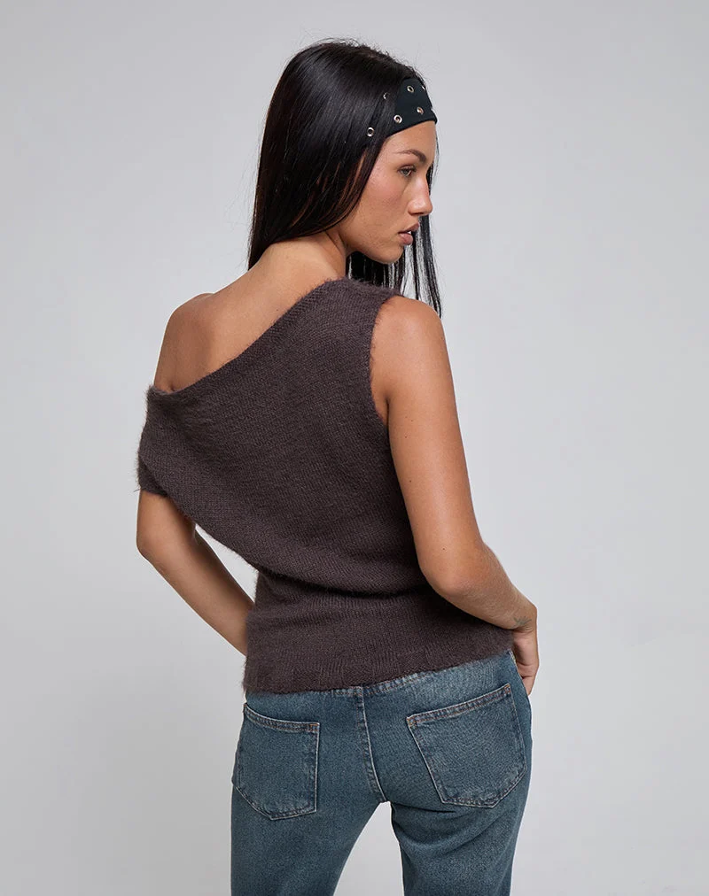 Calyce Schulterfreies Top aus flauschigem Strick in Dunkelbraun