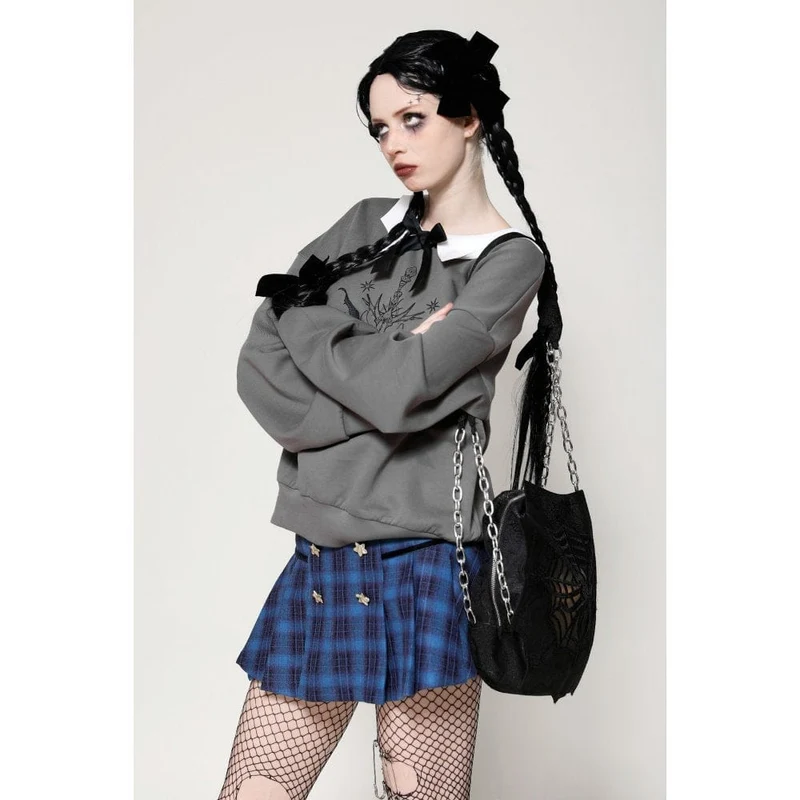 Damen Grunge Bowknot Bat Sweatshirt Grau