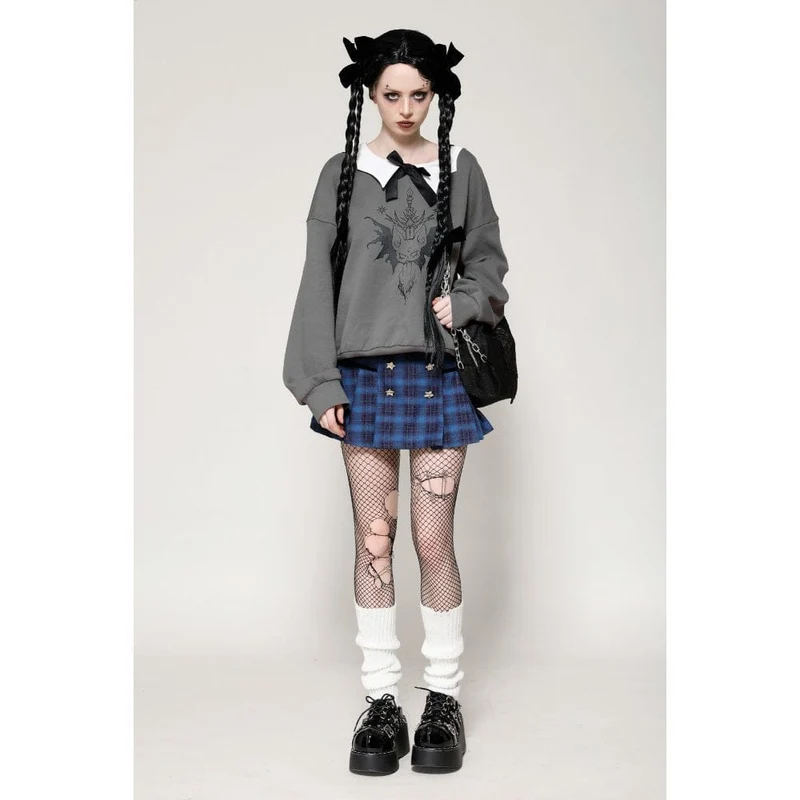 Damen Grunge Bowknot Bat Sweatshirt Grau