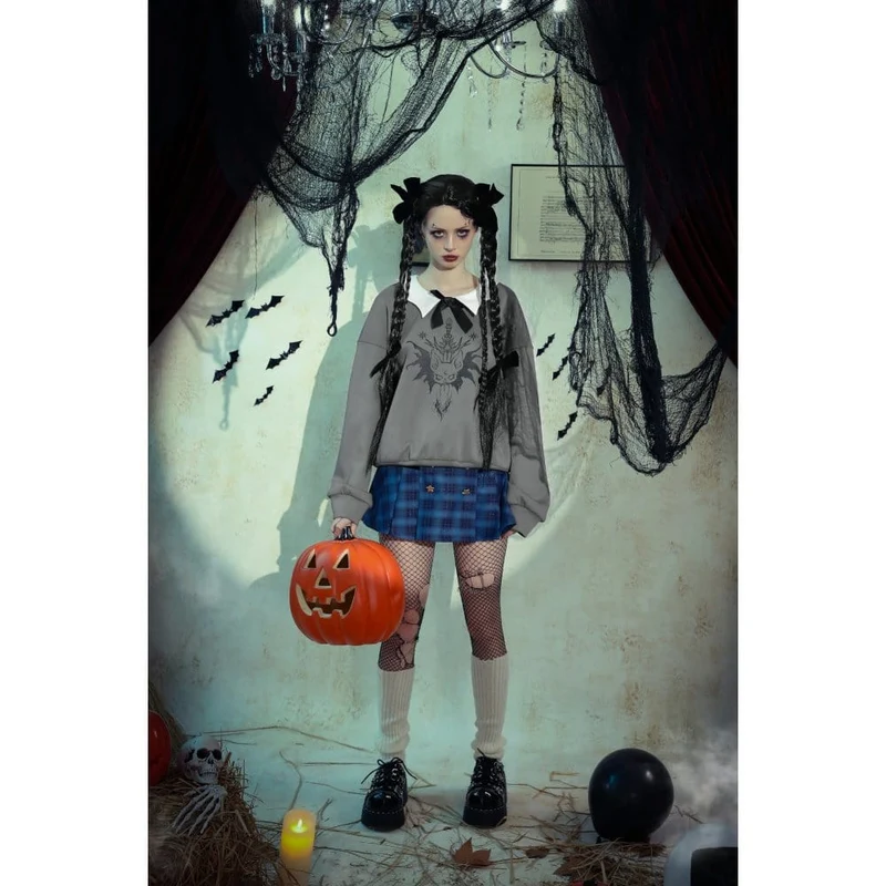 Damen Grunge Bowknot Bat Sweatshirt Grau