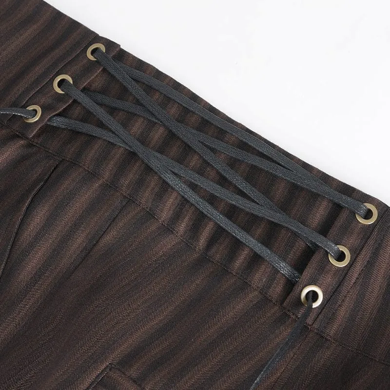 Herren-Gothic-Hose mit hohem Bund und Schnürung in Kaffeebraun
