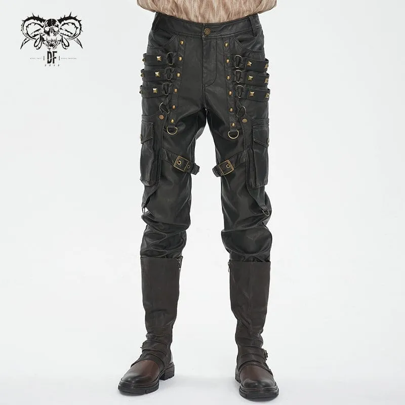 Herren-Gothic-Hosen aus bronzefarbenem Kunstleder mit großen Taschen und Nieten