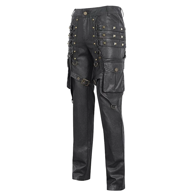 Herren-Gothic-Hosen aus bronzefarbenem Kunstleder mit großen Taschen und Nieten