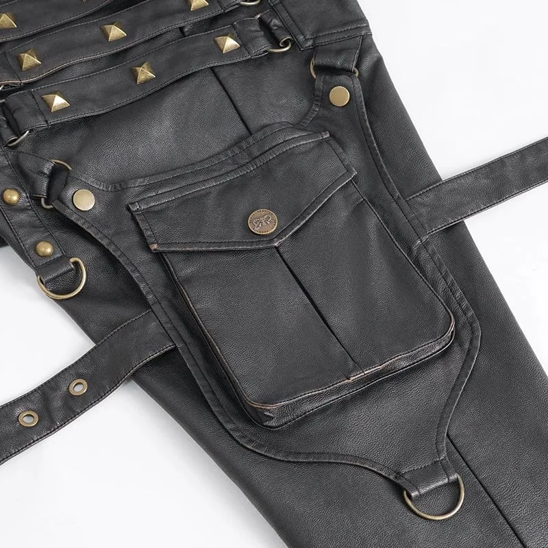 Herren-Gothic-Hosen aus bronzefarbenem Kunstleder mit großen Taschen und Nieten