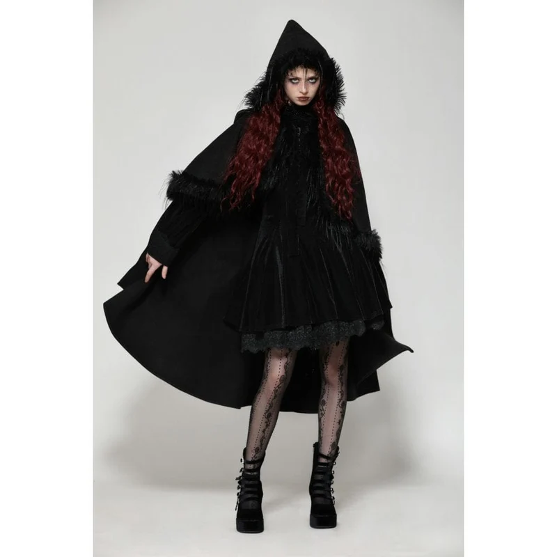 Gothic-Umhang aus Kunstpelz mit Kapuze für Damen