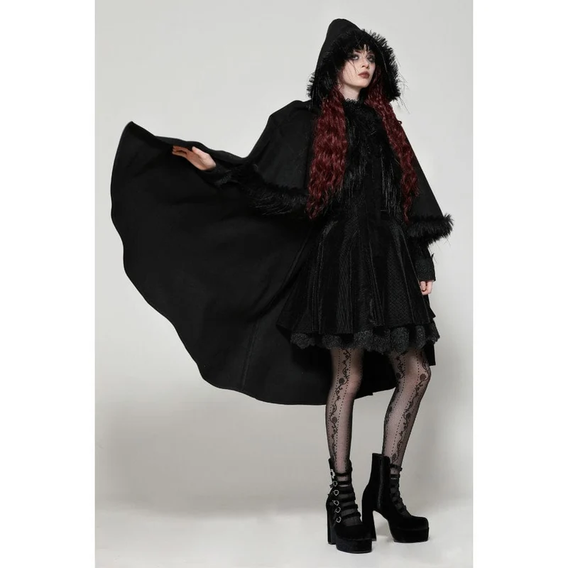 Gothic-Umhang aus Kunstpelz mit Kapuze für Damen