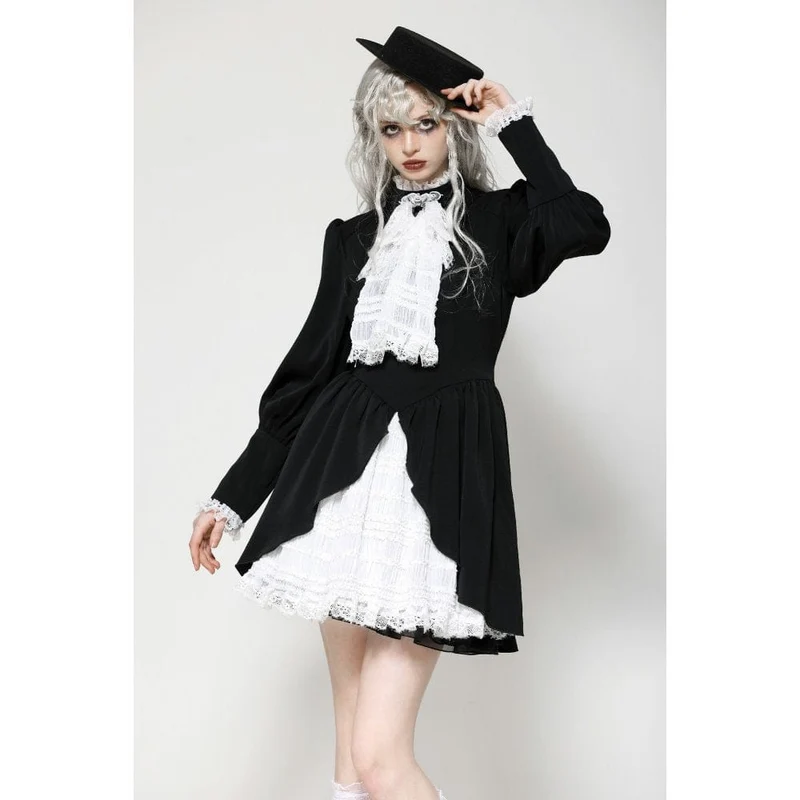 Damen Gothic Plissee Spitze Kurzes Kleid Schwarz Weiß