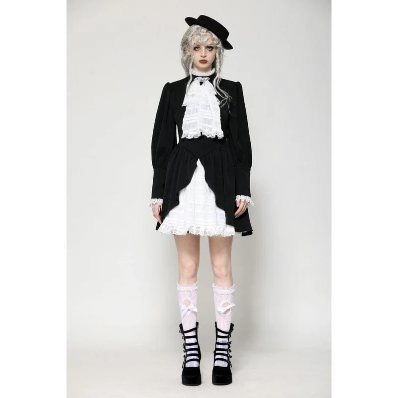 Damen Gothic Plissee Spitze Kurzes Kleid Schwarz Weiß