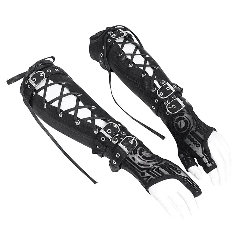 Herren Punk Mesh Splice Schnürhandschuhe Fingerlose Handschuhe