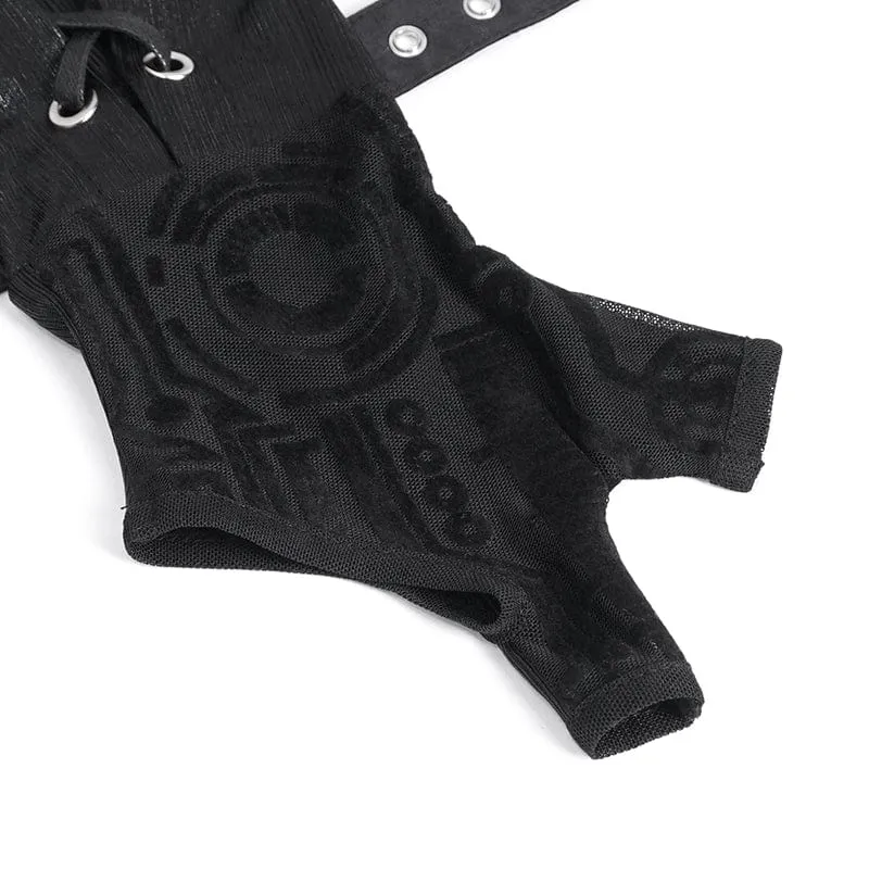 Herren Punk Mesh Splice Schnürhandschuhe Fingerlose Handschuhe