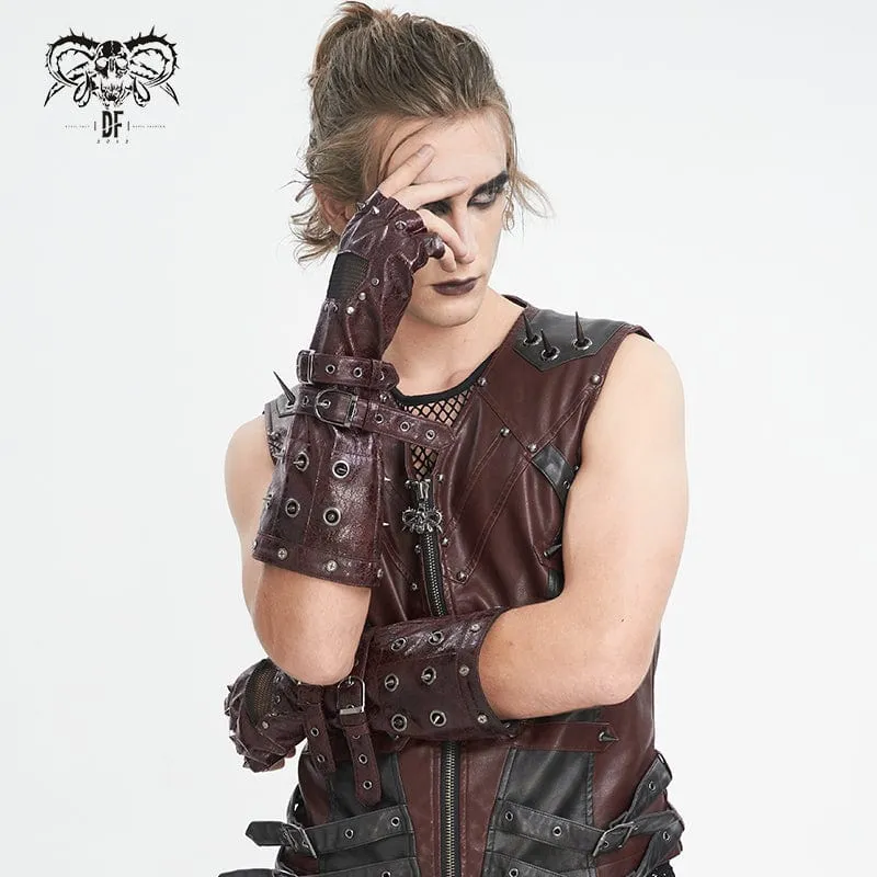 Herren-Gothic-Halbfingerhandschuhe mit Nieten und Mesh-Splice-Design in Rot