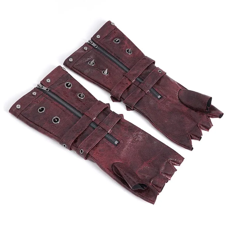 Herren-Gothic-Halbfingerhandschuhe mit Nieten und Mesh-Splice-Design in Rot