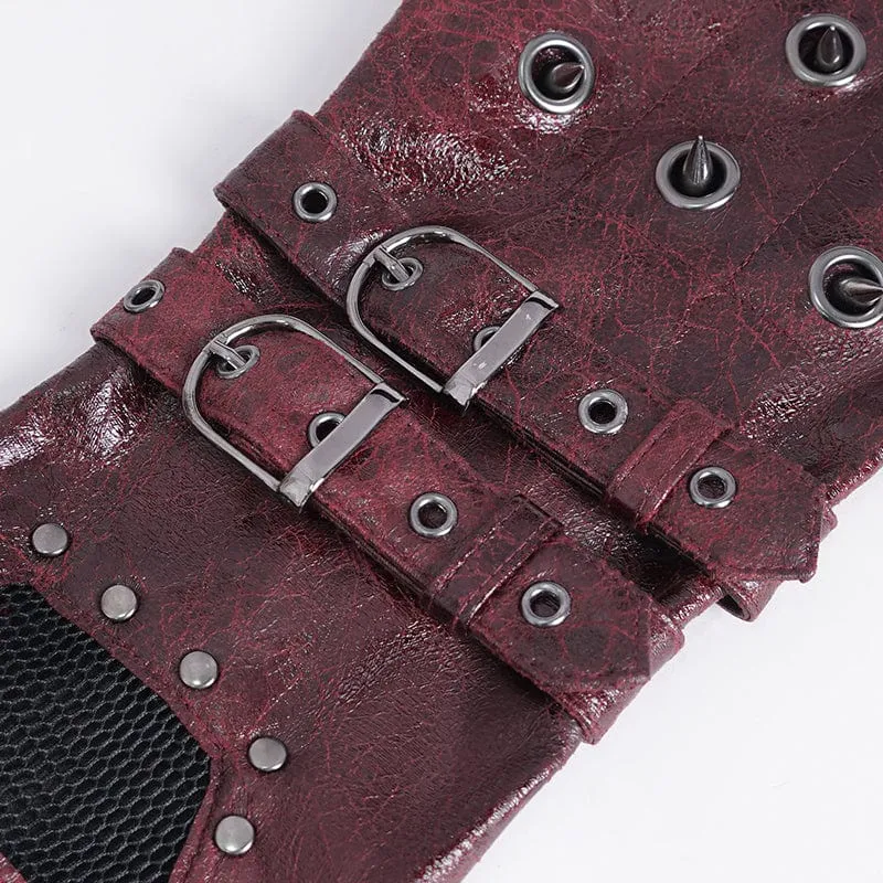 Herren-Gothic-Halbfingerhandschuhe mit Nieten und Mesh-Splice-Design in Rot