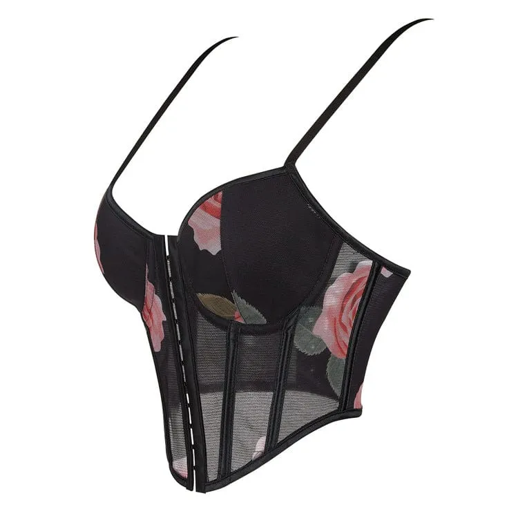 Überbrustkorsett mit Gothic-Rosenmuster und Netzstoff zum Schnüren für Damen