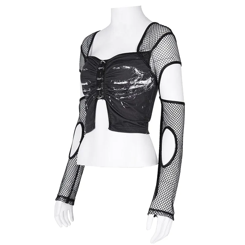 Langärmliges Punk-Crop-Top aus Mesh mit Cut-outs für Damen