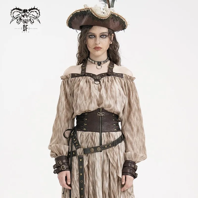 Damen Steampunk Schnallen Neckholder Langarm Blusen Kaffee