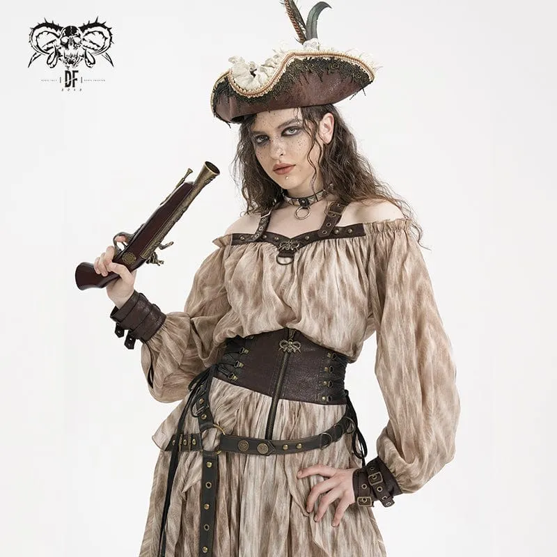 Damen Steampunk Schnallen Neckholder Langarm Blusen Kaffee