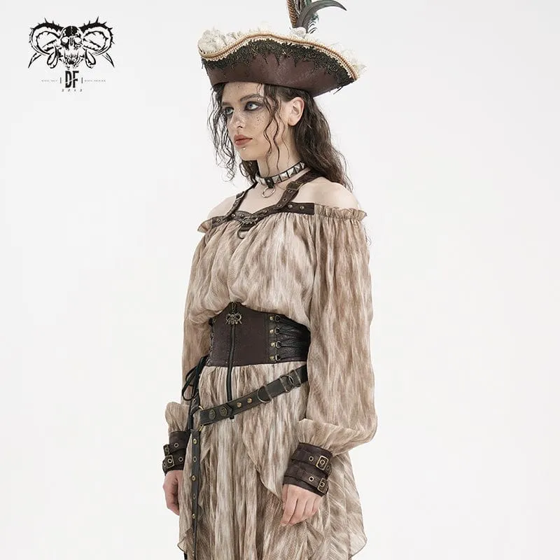 Damen Steampunk Schnallen Neckholder Langarm Blusen Kaffee