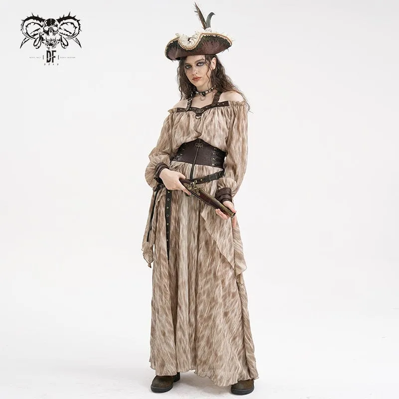Damen Steampunk Schnallen Neckholder Langarm Blusen Kaffee