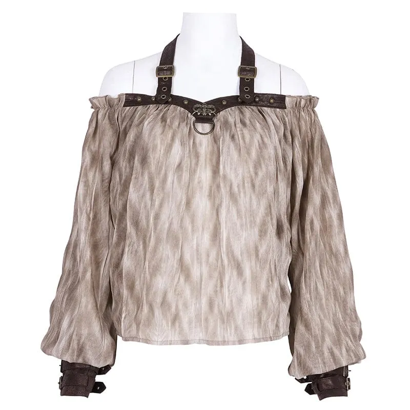 Damen Steampunk Schnallen Neckholder Langarm Blusen Kaffee