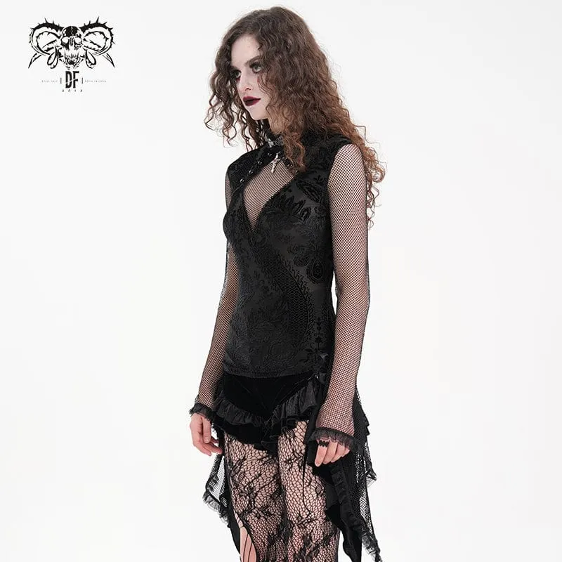 Gothic-Langarmshirt aus Netzstoff mit Blumenspitze und Cut-outs für Damen