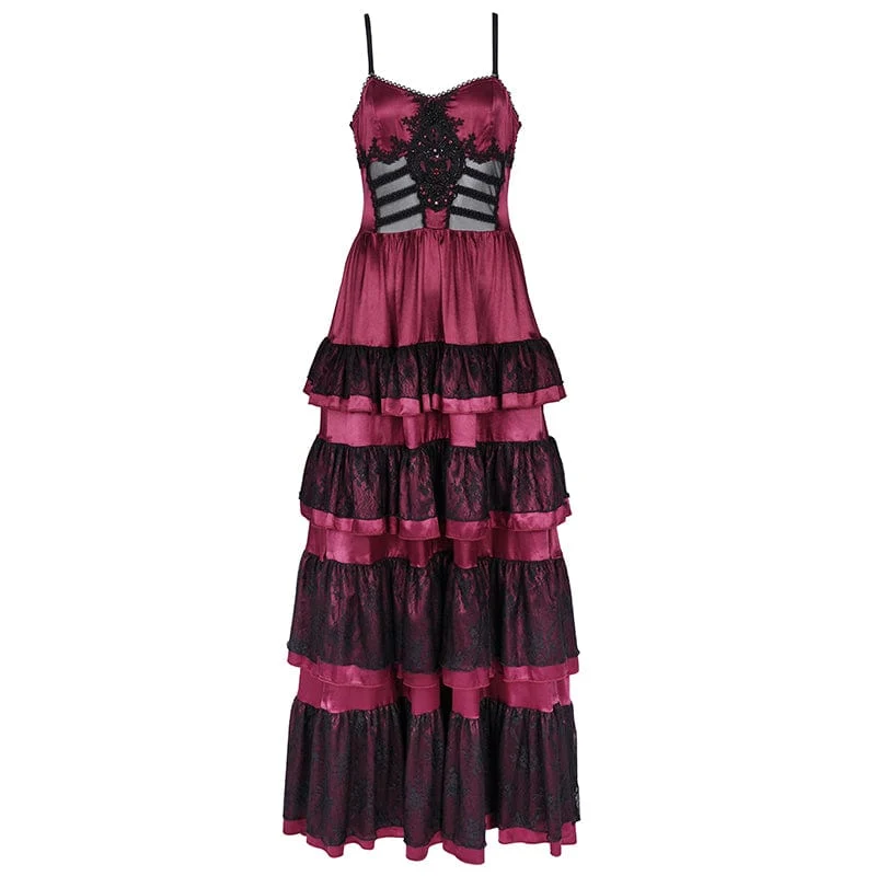 Rotes Gothic-Schnürkleid aus Mesh-Spitze für Damen, ideal als Hochzeitskleid