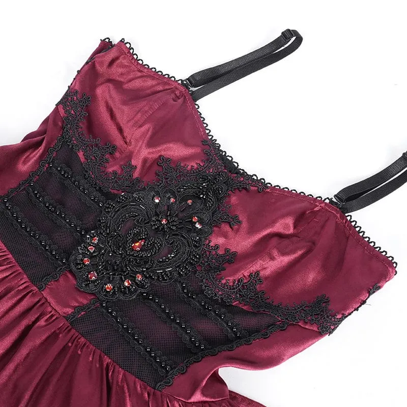 Rotes Gothic-Schnürkleid aus Mesh-Spitze für Damen, ideal als Hochzeitskleid