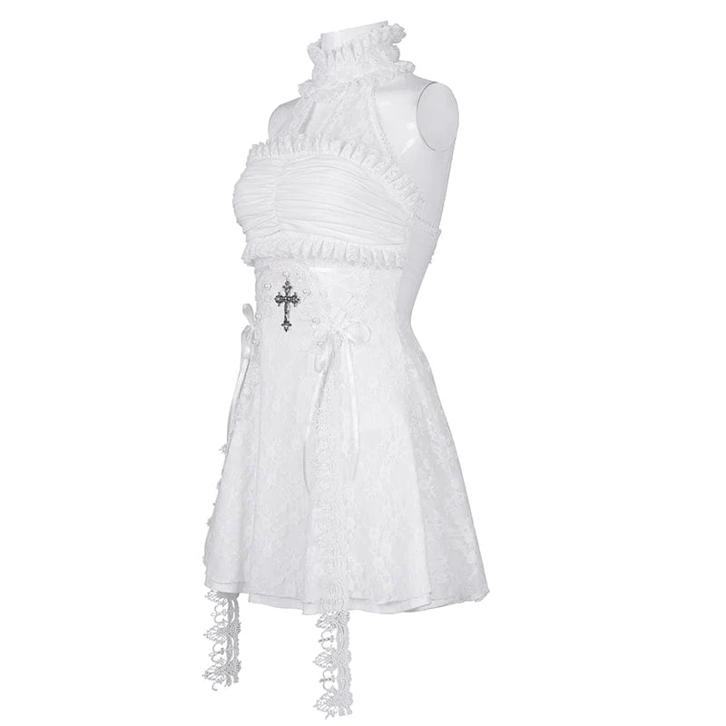 Damen Gothic Neckholder Cut-out Rüschen Spitze Kurzes Kleid Weiß