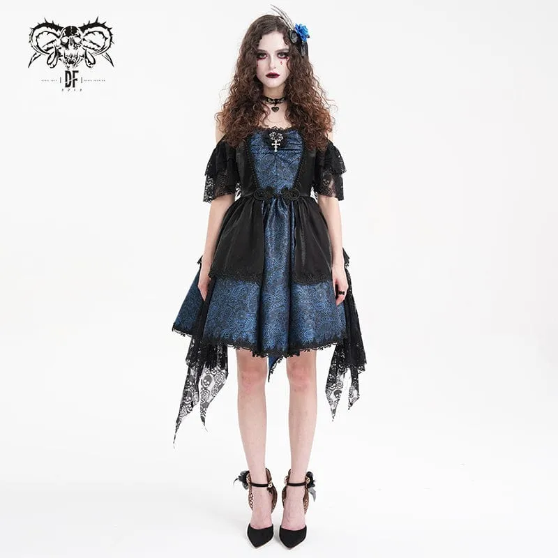 Gothic-Kleid für Damen mit Schnürung, Neckholder, asymmetrischem Saum, Abschlusskleid, blau