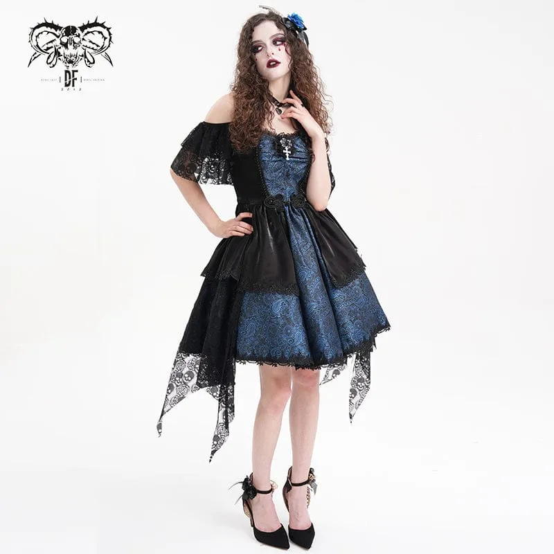 Gothic-Kleid für Damen mit Schnürung, Neckholder, asymmetrischem Saum, Abschlusskleid, blau