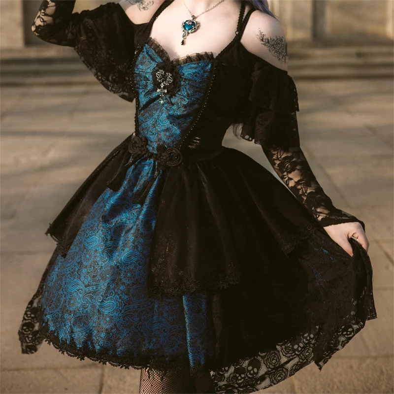 Gothic-Kleid für Damen mit Schnürung, Neckholder, asymmetrischem Saum, Abschlusskleid, blau