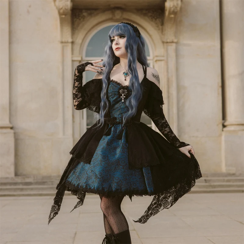 Gothic-Kleid für Damen mit Schnürung, Neckholder, asymmetrischem Saum, Abschlusskleid, blau