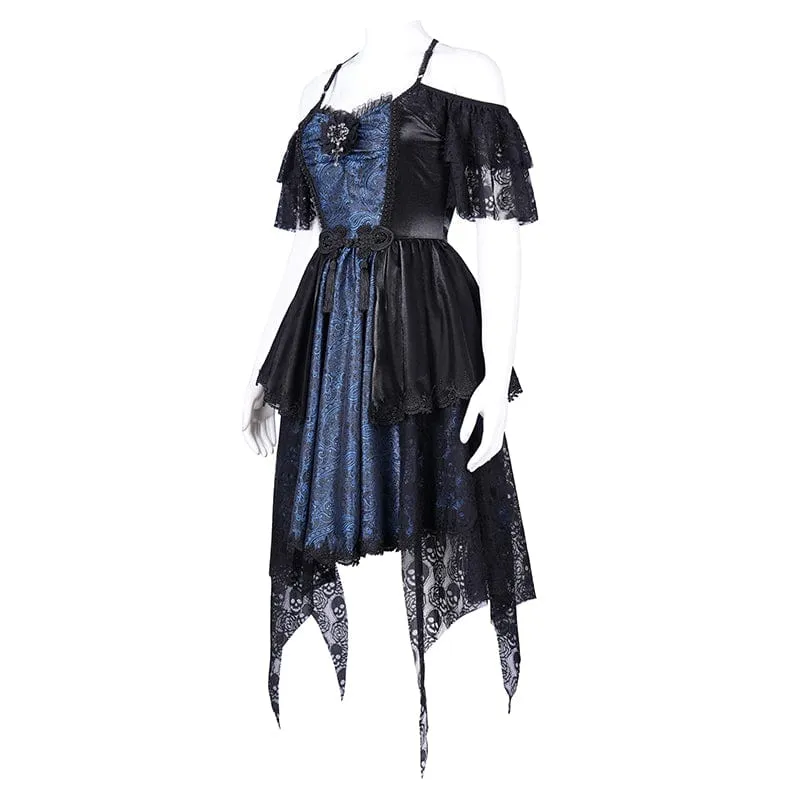 Gothic-Kleid für Damen mit Schnürung, Neckholder, asymmetrischem Saum, Abschlusskleid, blau