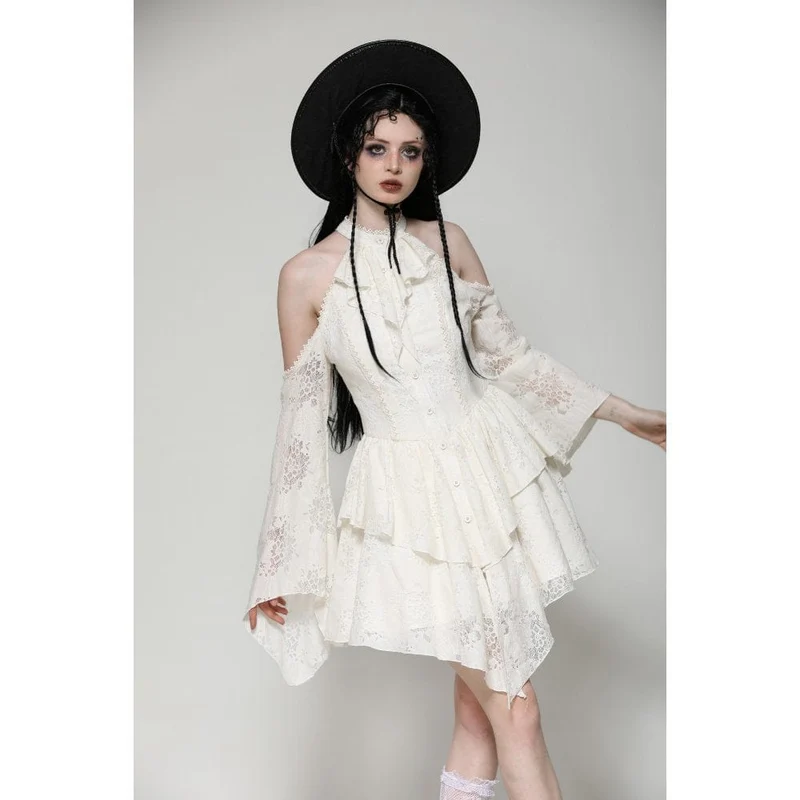Steampunk-Kleid mit zerrissenen Schultern für Damen, Beige