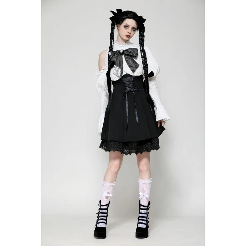 Gothic Lolita-Kleid mit Schleife, kurzes Kleid für Damen, Abschlusskleid, Schwarz-Weiß