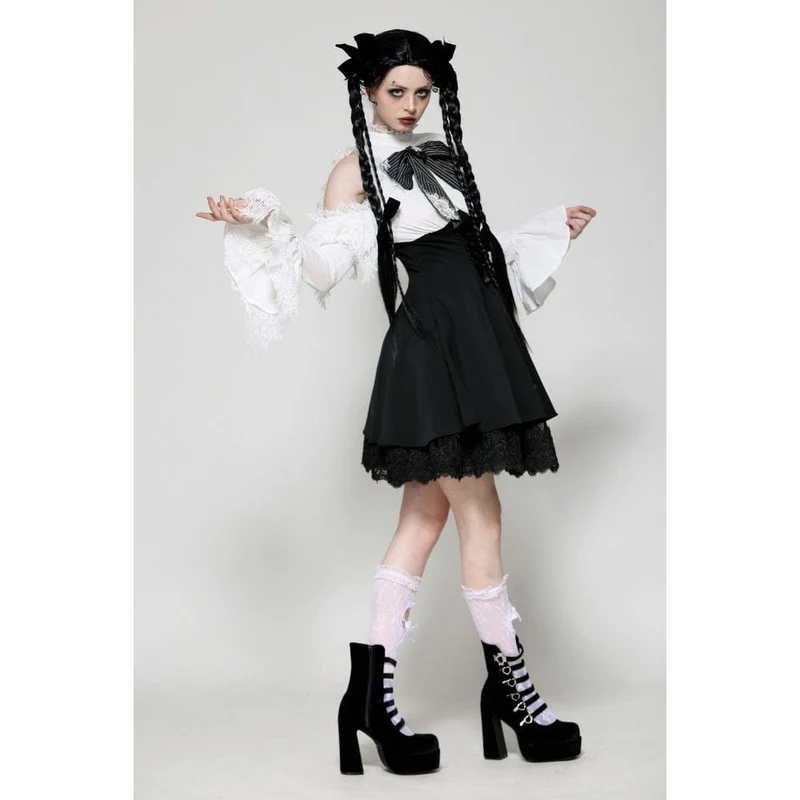 Gothic Lolita-Kleid mit Schleife, kurzes Kleid für Damen, Abschlusskleid, Schwarz-Weiß