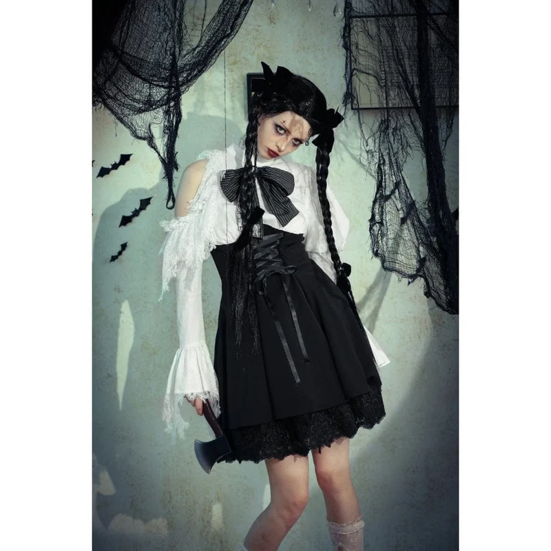 Gothic Lolita-Kleid mit Schleife, kurzes Kleid für Damen, Abschlusskleid, Schwarz-Weiß