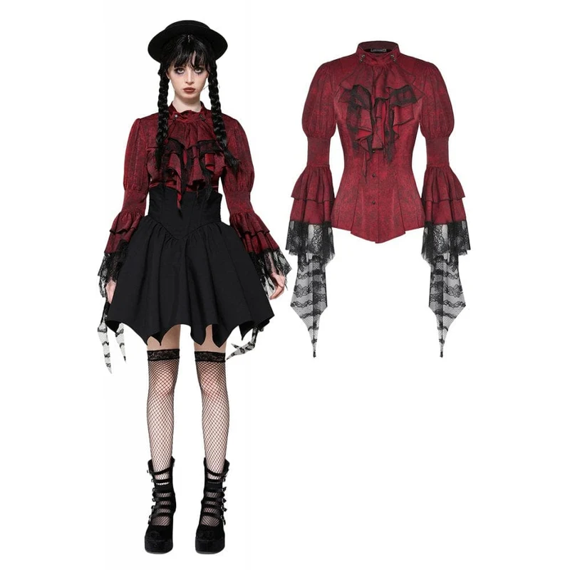 Gothic Rüschen-Spitzen-Langarmshirt für Damen Rot