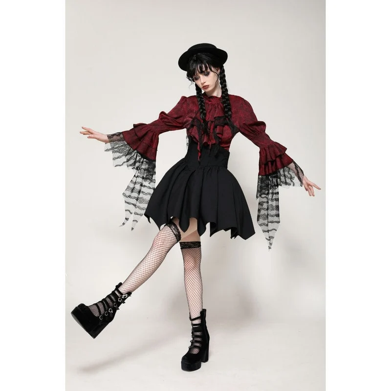 Gothic Rüschen-Spitzen-Langarmshirt für Damen Rot