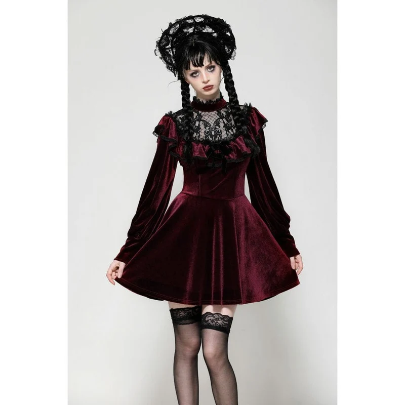 Rotes, gotisches Häkelkleid aus Samt für Damen, Abschlusskleid