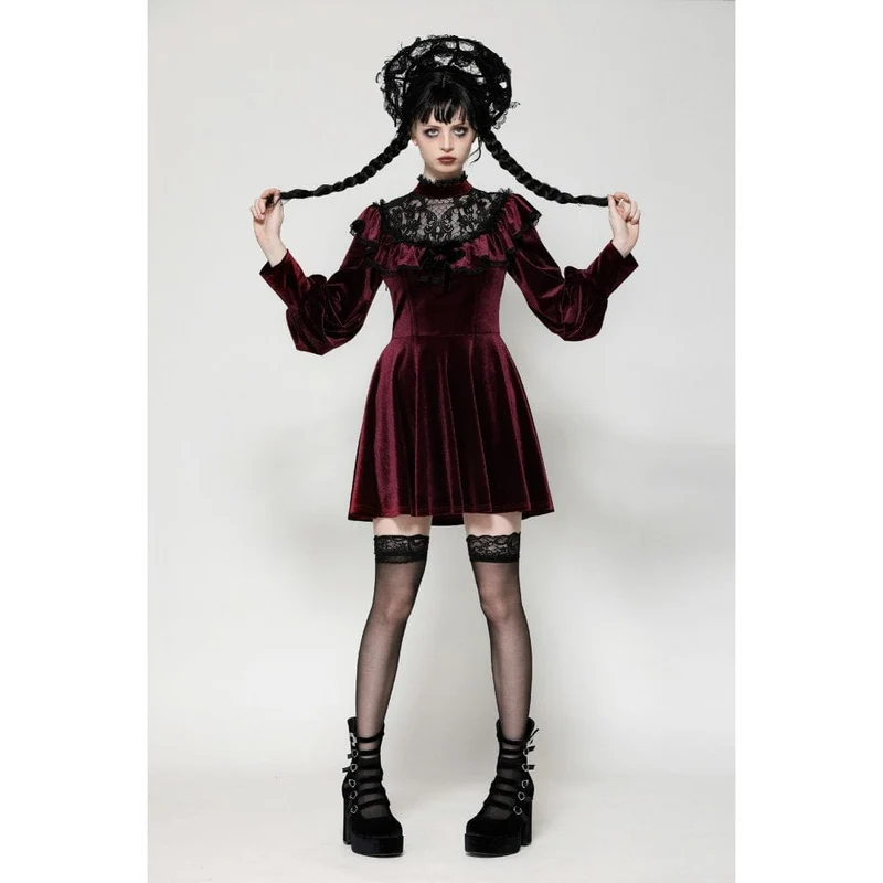 Rotes, gotisches Häkelkleid aus Samt für Damen, Abschlusskleid