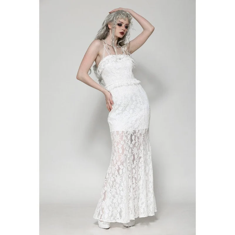 Weißes, gotisches, plissiertes Spitzen-Unterkleid für Damen – Hochzeitskleid