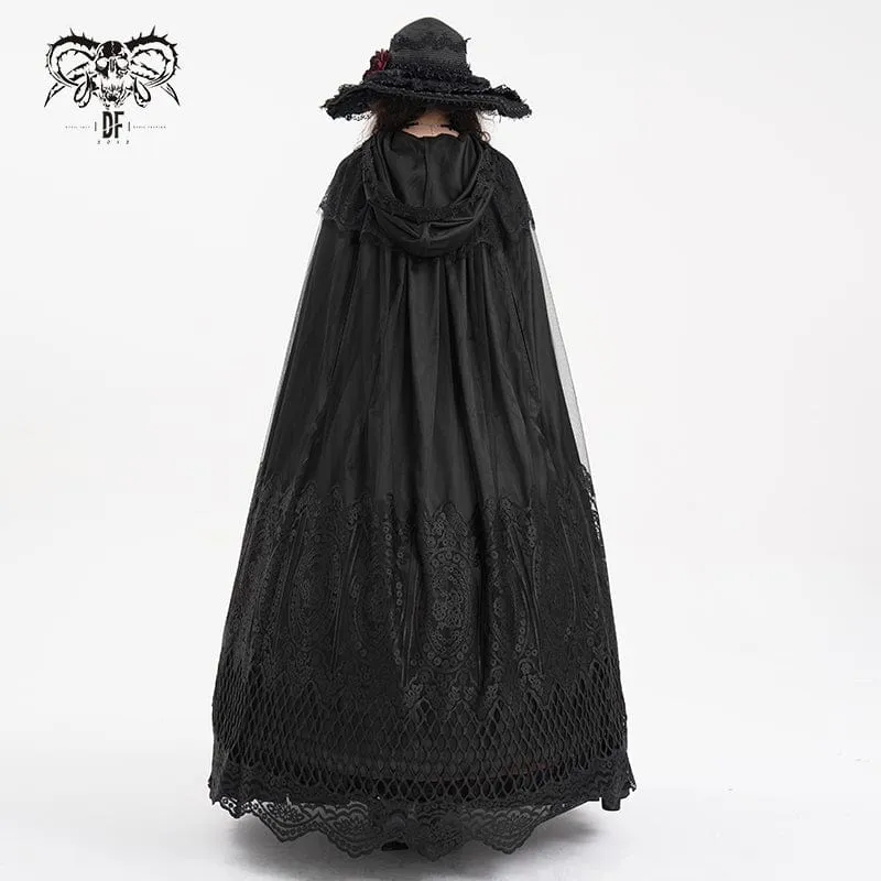 Gothic-Umhang aus Netzstoff mit Spitzenquasten und Kapuze für Damen