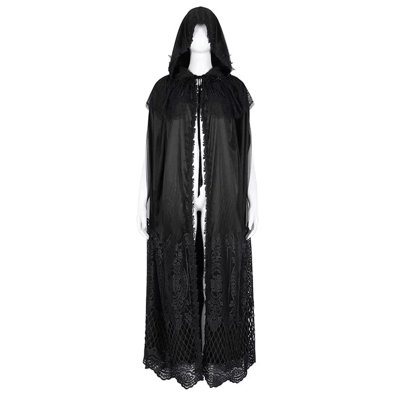 Gothic-Umhang aus Netzstoff mit Spitzenquasten und Kapuze für Damen